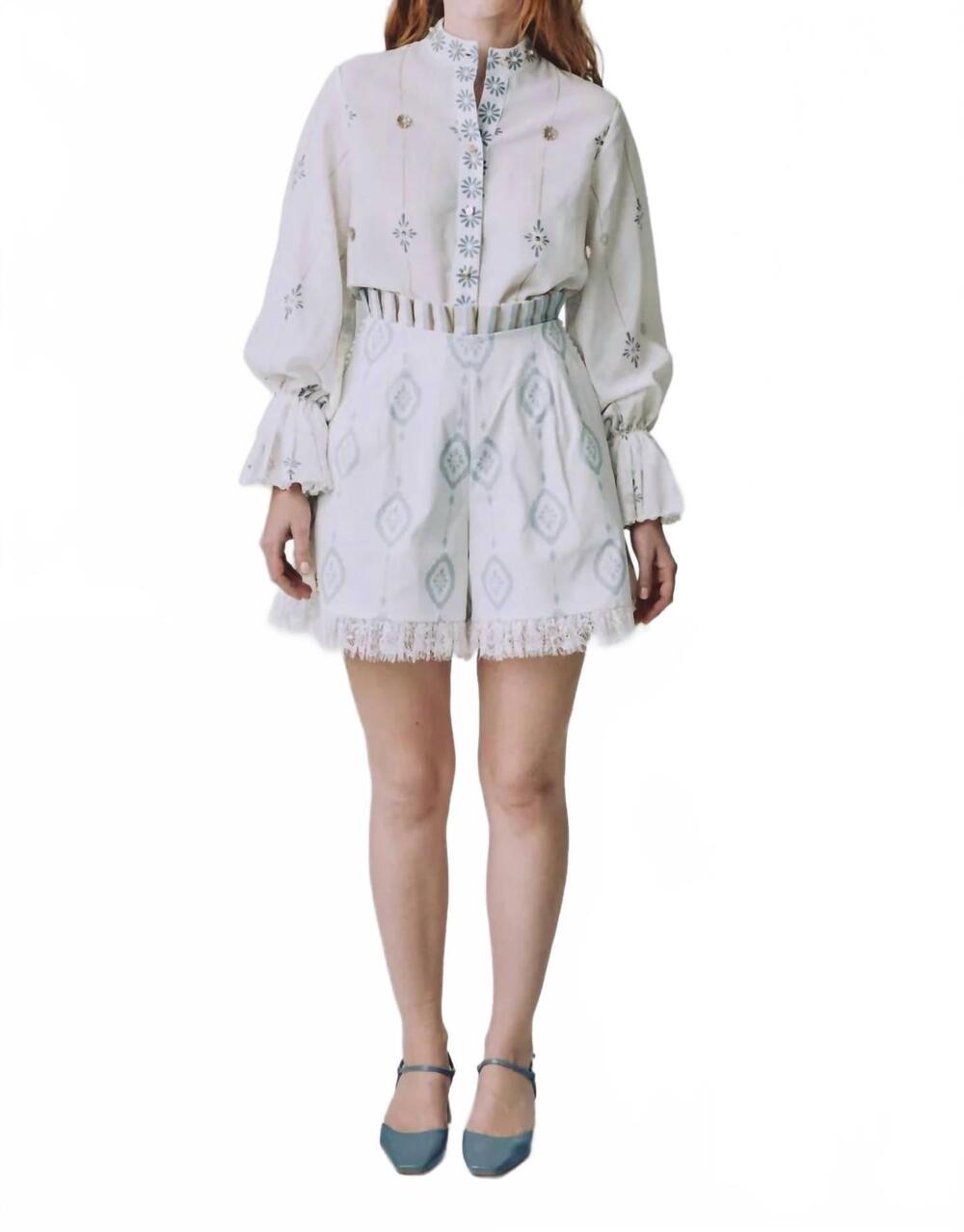 NEW PAMELA STEVENSON otto high-waisted shorts in white/blue multi